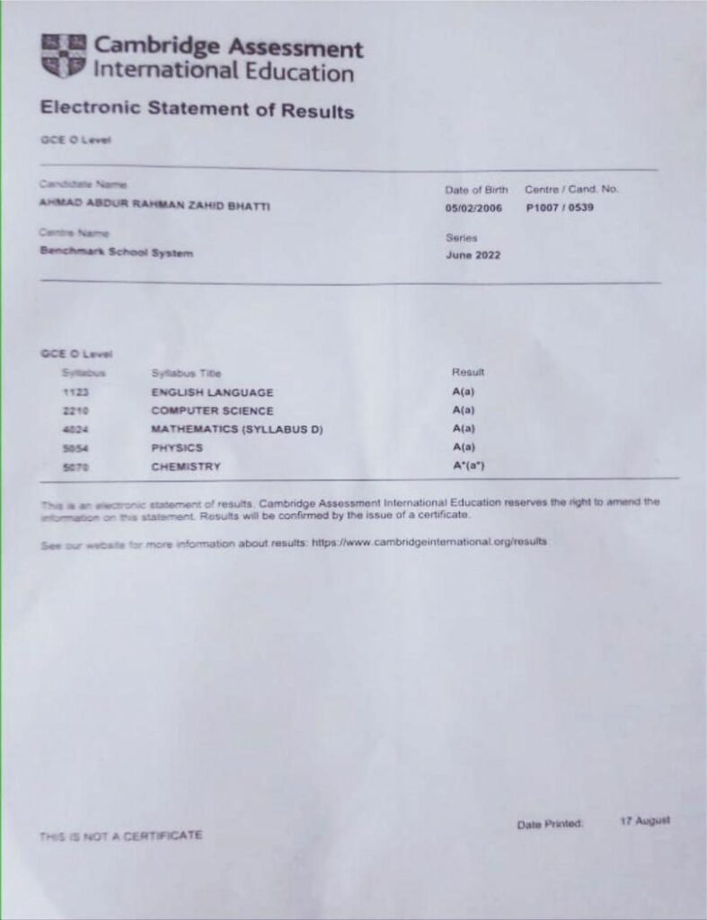 Sir irfan Cambridge results for Physics